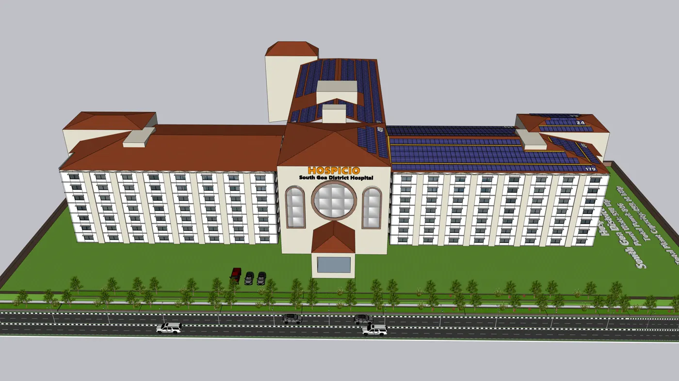 The hospital front, with the main hip roof, District hospital, South Goa