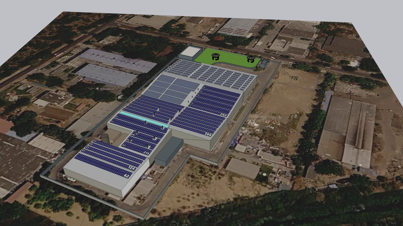 Aerial view of the site, Industrial rooftop, 700 kW