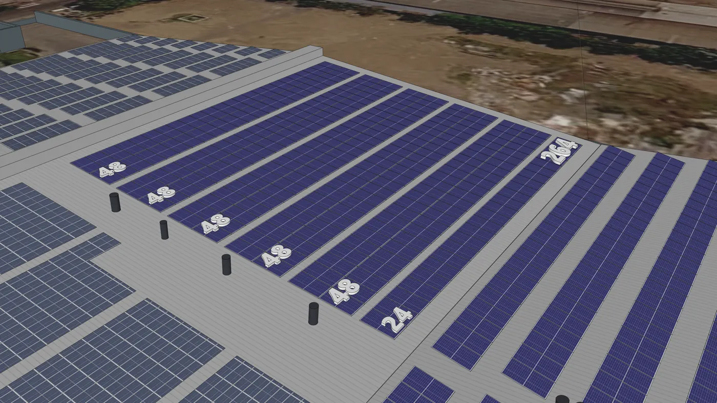 Rows of panels across the roof, Industrial rooftop, 700 kW