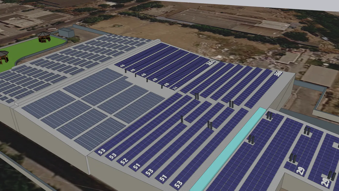 Panel blocks along the roof, Industrial rooftop, 700 kW