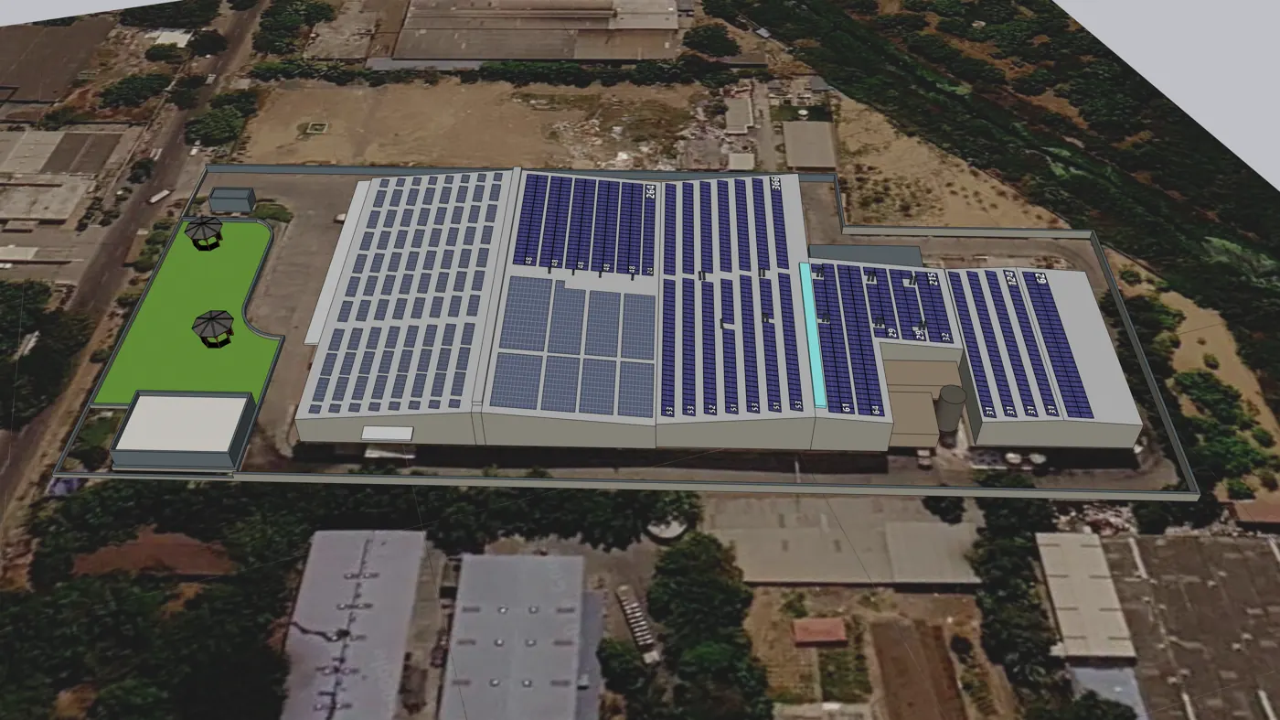 Wide view of the roof layout, Industrial rooftop, 700 kW