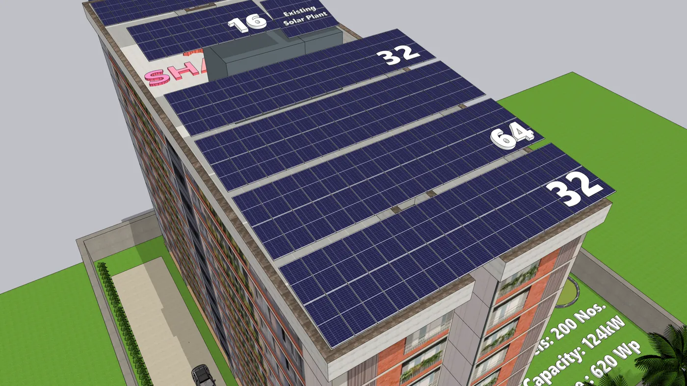 Solar panel layout on the roof of a residential tower in Ahmedabad