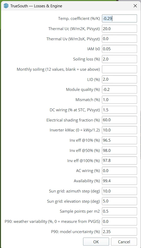 Losses and Engine settings listing module, loss, inverter and calculation settings