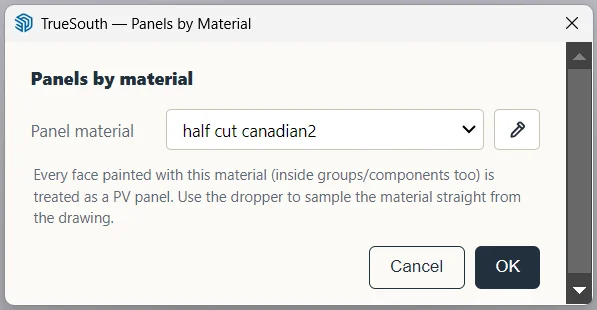 Panels by material window with a material list and an eyedropper button